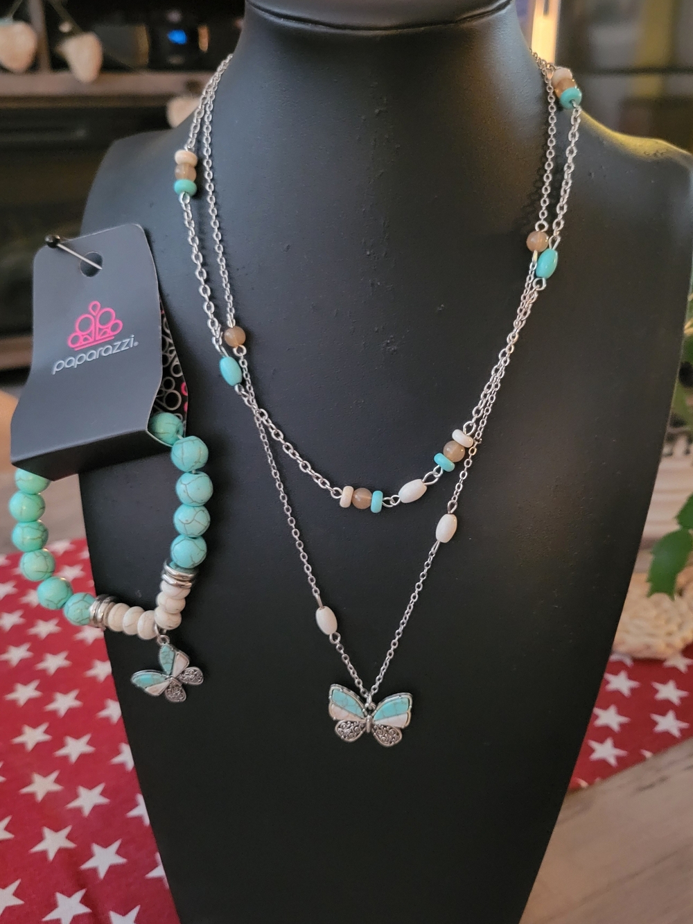 Paparazzi Turquoise and Cream Butterfly Layered Necklace Set